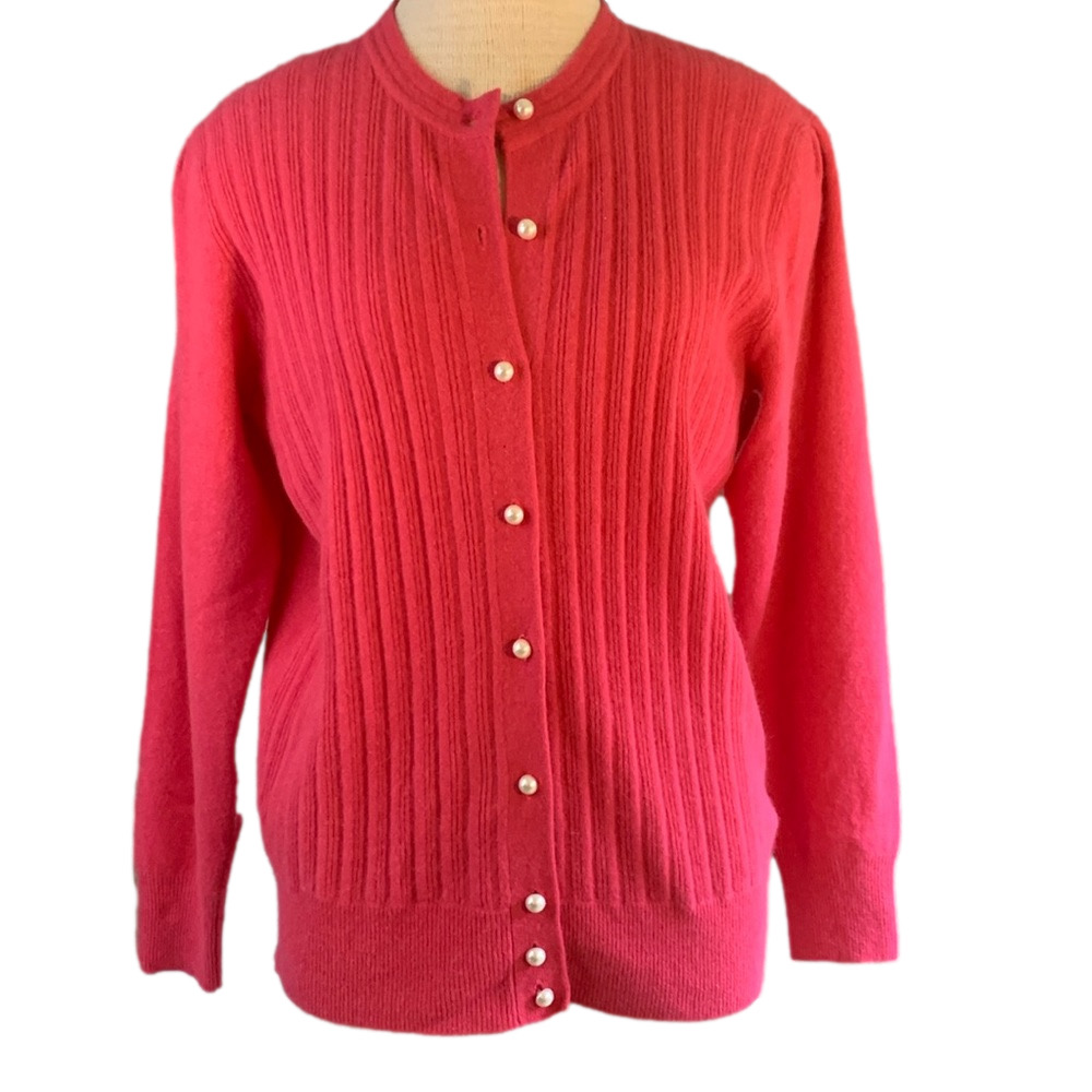 LaRedoute sz M vintage pink lambswool/angora cardigan sweater w/pearl buttons